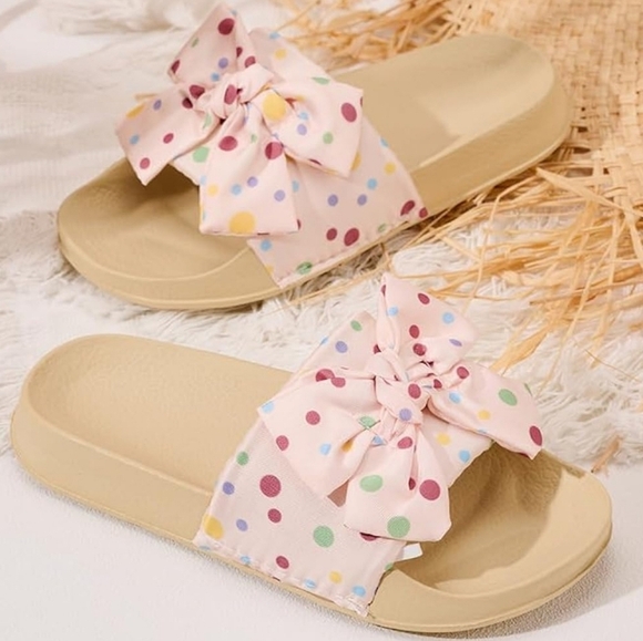 Flat Slide Sandals Slip-On Waterproof Flip-Flops Casual Shoes, Pink Bow Polkadot - Picture 1 of 8